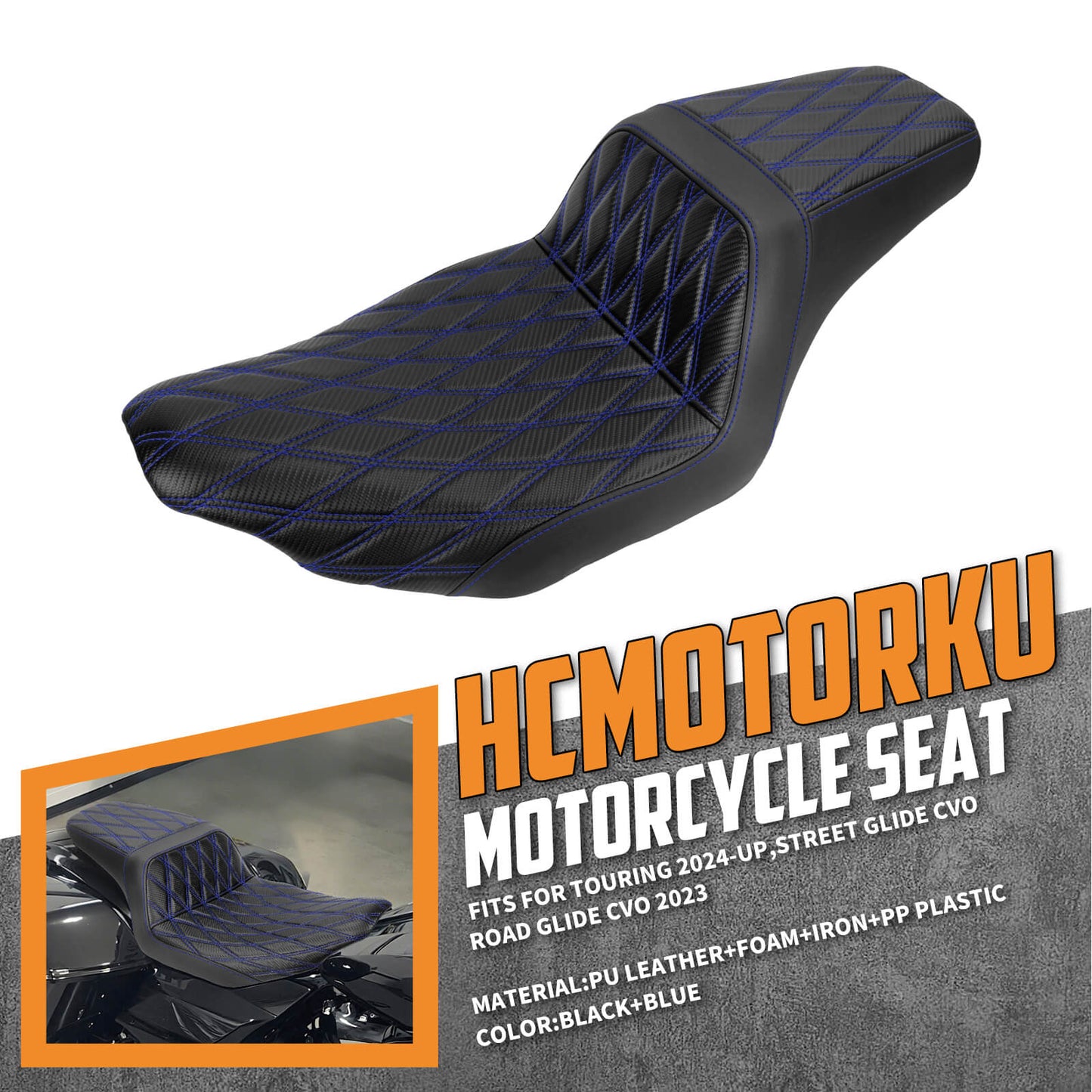 Driver Passenger Two-Up Seat Blue Stitching For Harley Touring 2024-UP | HCmotorku