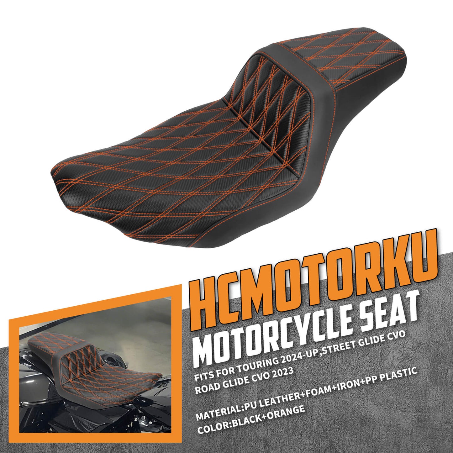 Driver Passenger Two-Up Seat Orange Stitching For Harley Touring 2024-UP | HCmotorku