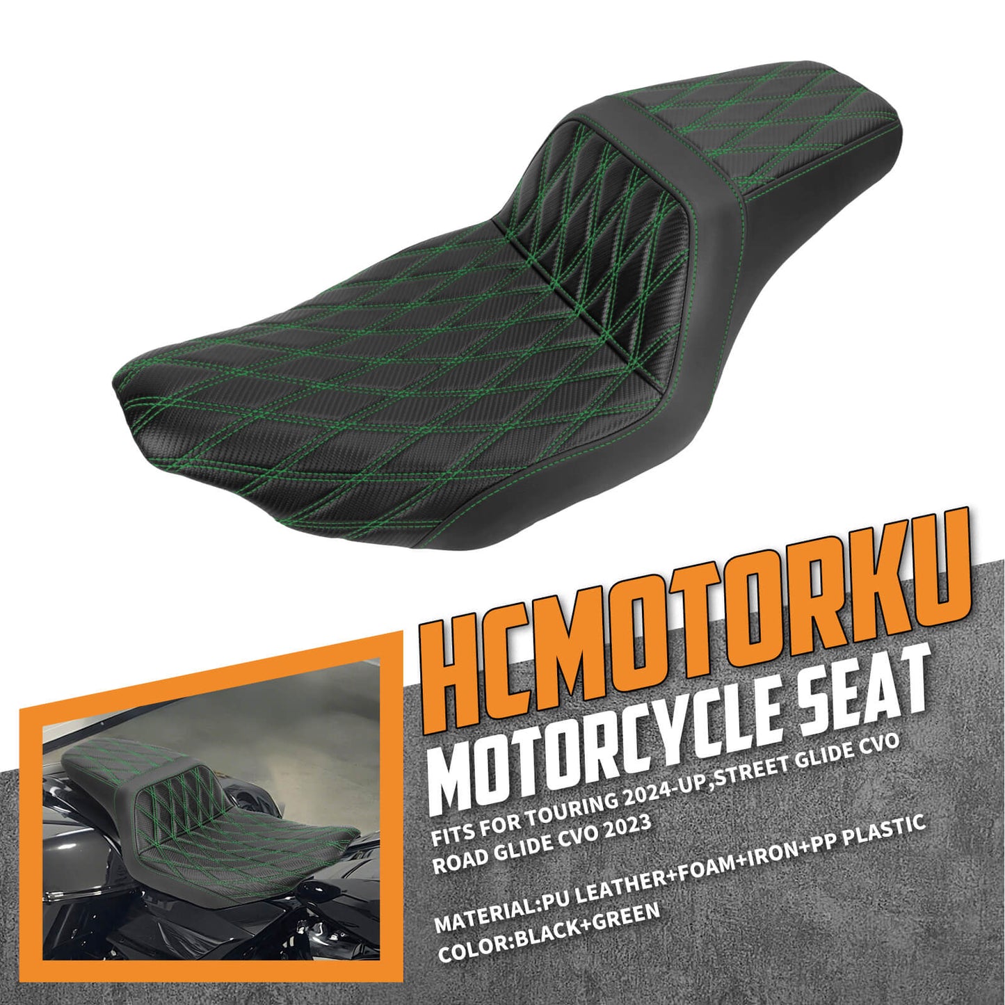 Driver Passenger Two-Up Seat Green Stitching For Harley Touring 2024-UP | HCmotorku