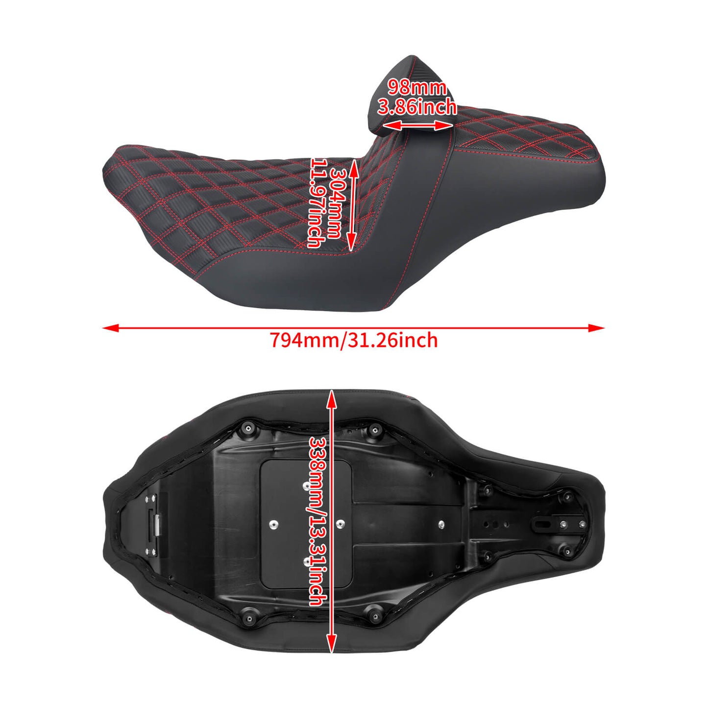 CB016609 HCmotorku Rider Passenger Seat 2-up Seat with Backrest Red Stitching for Harley Touring Size