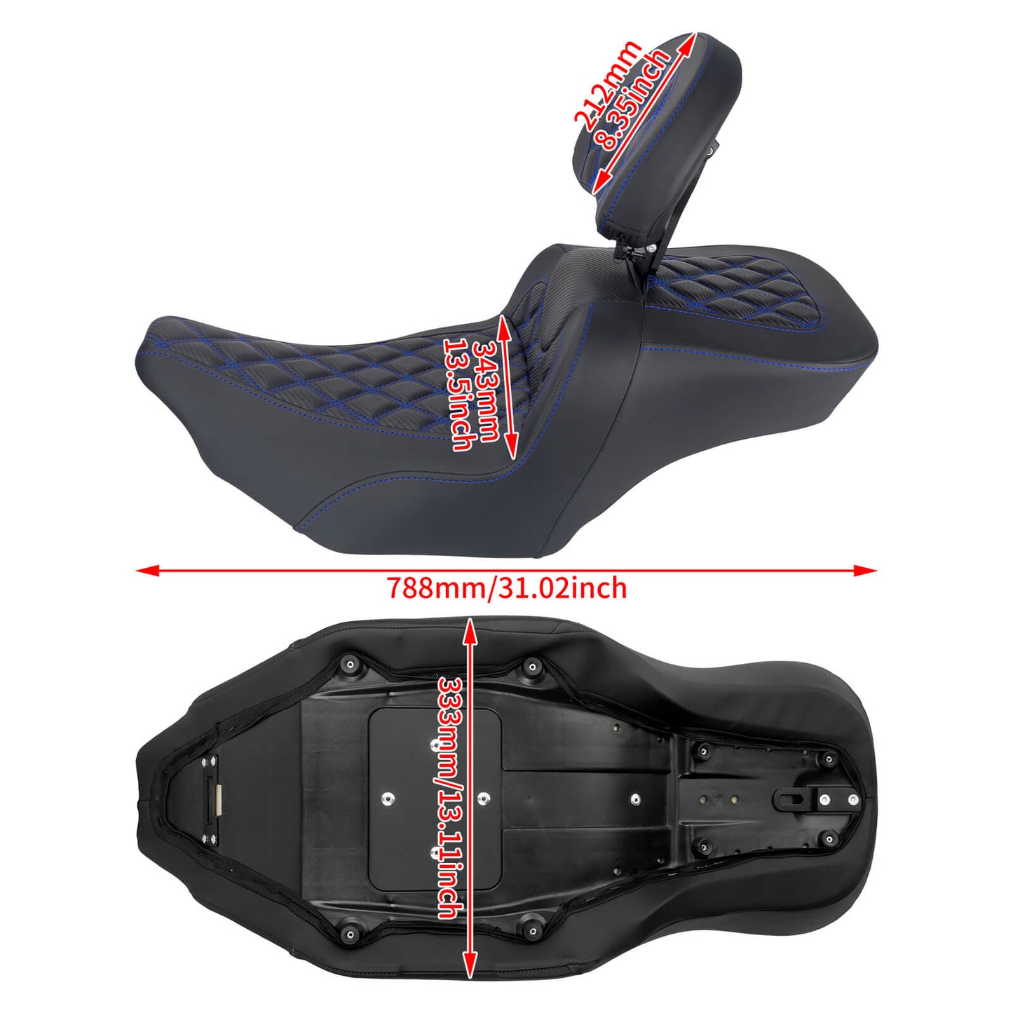 CB017104_HCmotorku_Front&Rear Two-up Seat W/Backrest Blue Stitching for Harley Touring ‘23.5-Up Size