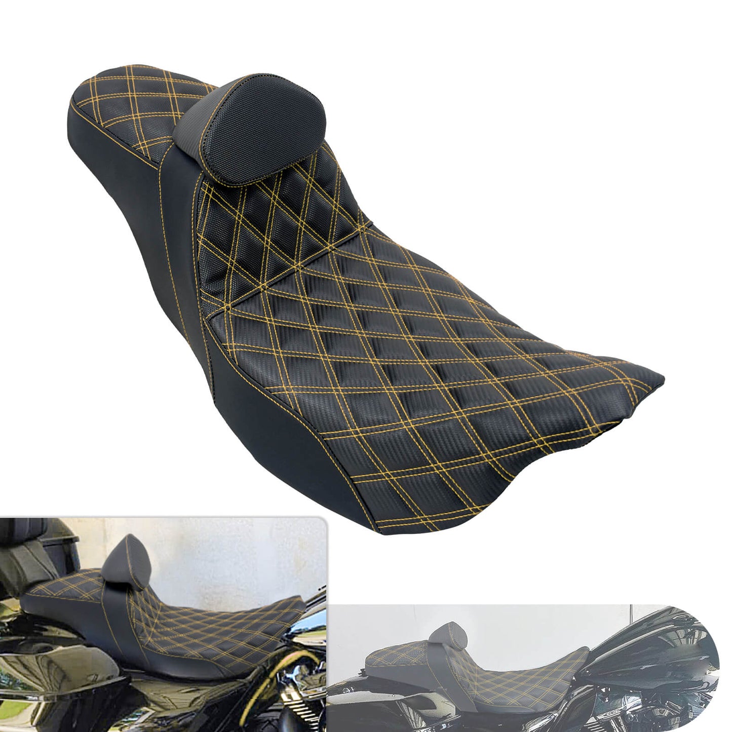 Driver & Passenger Seat w/ Backrest Gold Yellow Stitching For Harley Touring 2009-2023 | HCmotorku