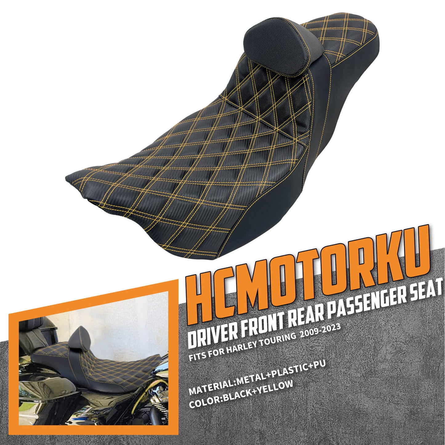 Driver & Passenger Seat w/ Backrest Gold Yellow Stitching For Harley Touring 2009-2023 | HCmotorku