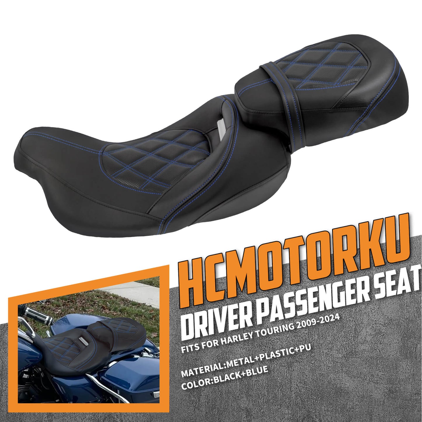 Low Profile Driver Passenger Pillion Seat Blue Fit For Haley Touring 2009-2023 | HCmotorku