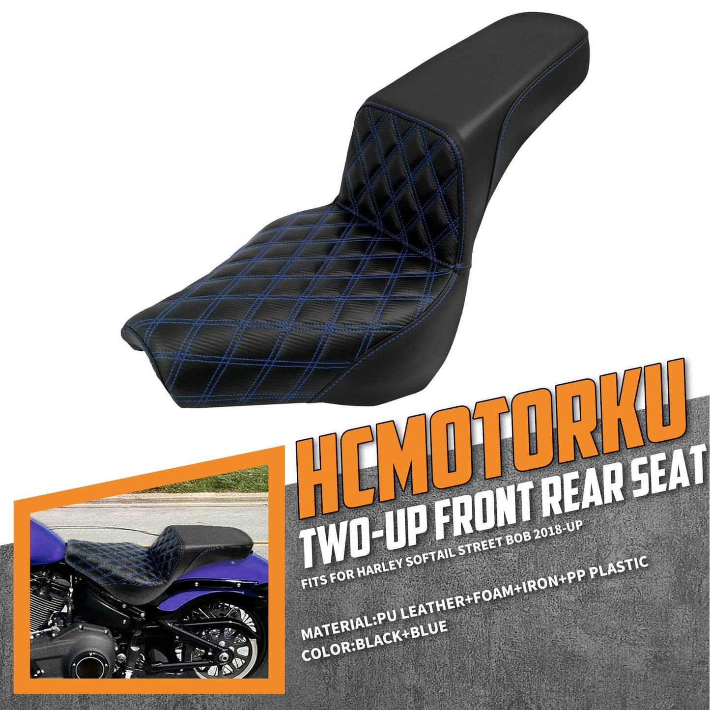 Bevel Two-Up Seat Driver Passenger Blue Line Fit for Harley Softail 2018-2025 | HCmotorku