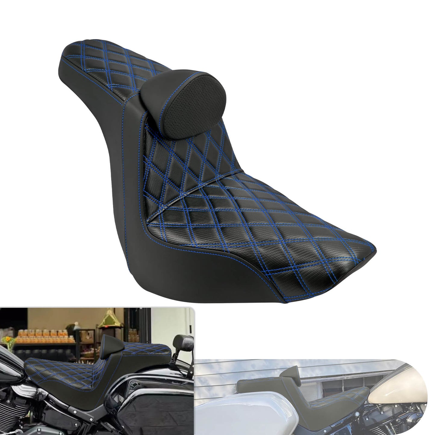 Driver Passenger Gel Seat Blue Line w/ Backrest For Harley Low Rider 2018-2024 | HCmotorku