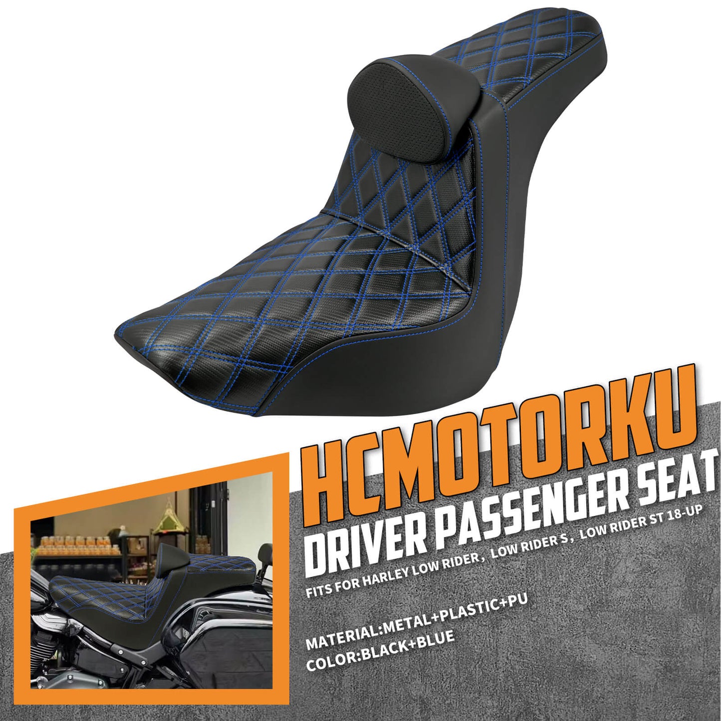Driver Passenger Gel Seat Blue Line w/ Backrest For Harley Low Rider 2018-2024 | HCmotorku