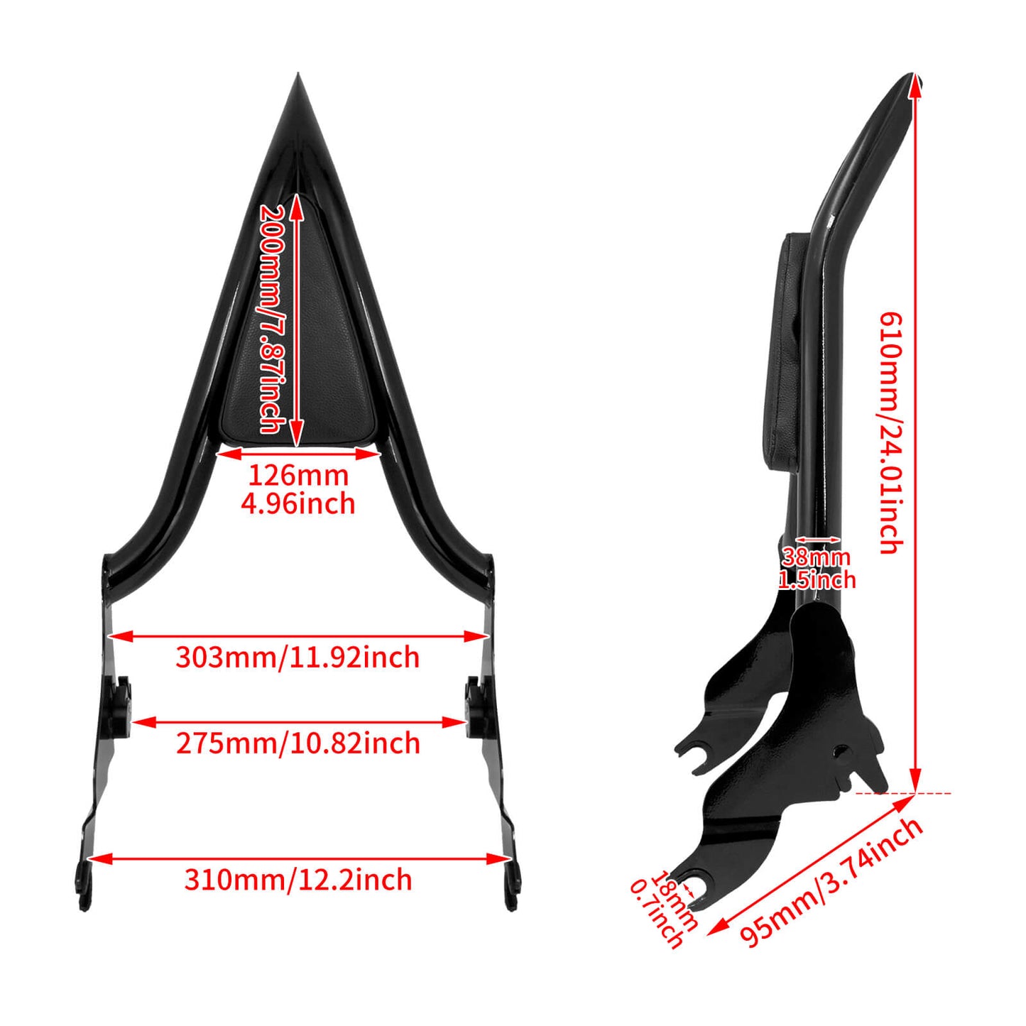 16" Detachable Passenger Sissy Bar Backrest for Harley Touring 2009-2025 | HCmotorku