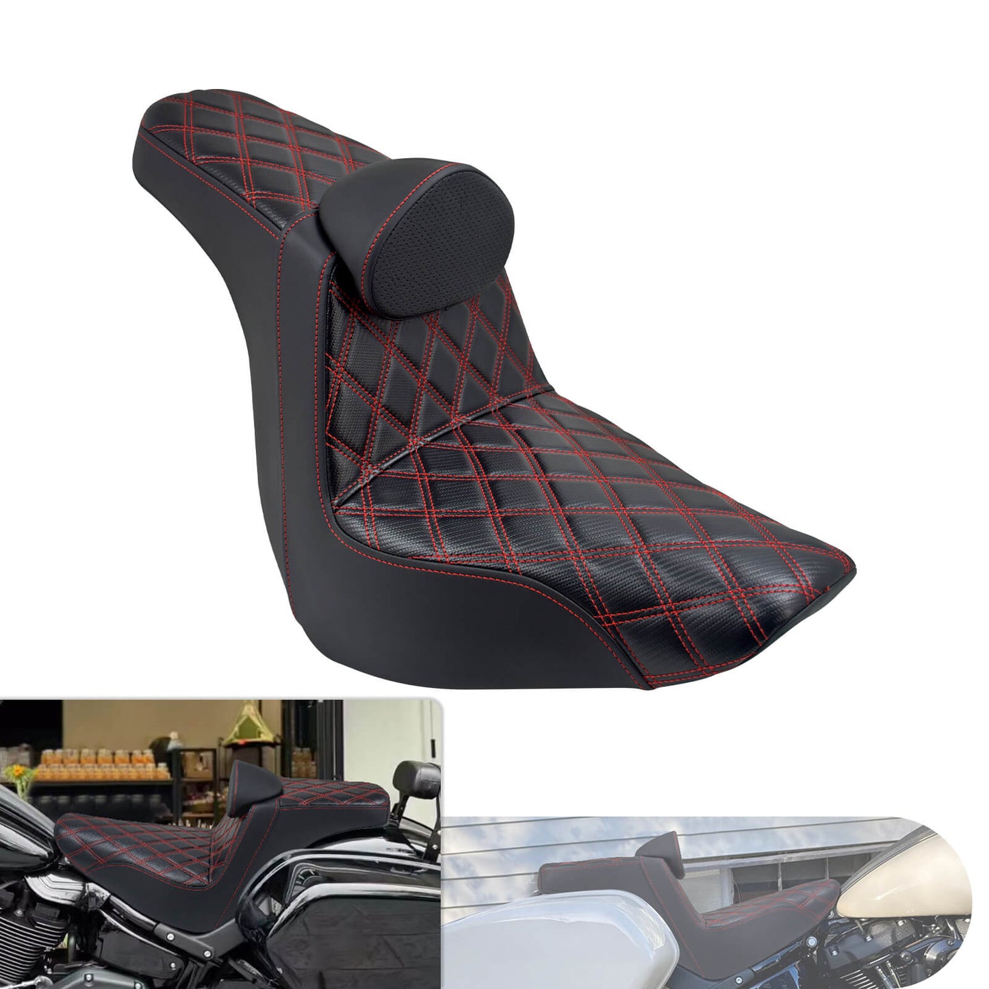 Driver Passenger Gel Seat Red Line w/ Backrest For Harley Low Rider 2018-2024 | HCmotorku