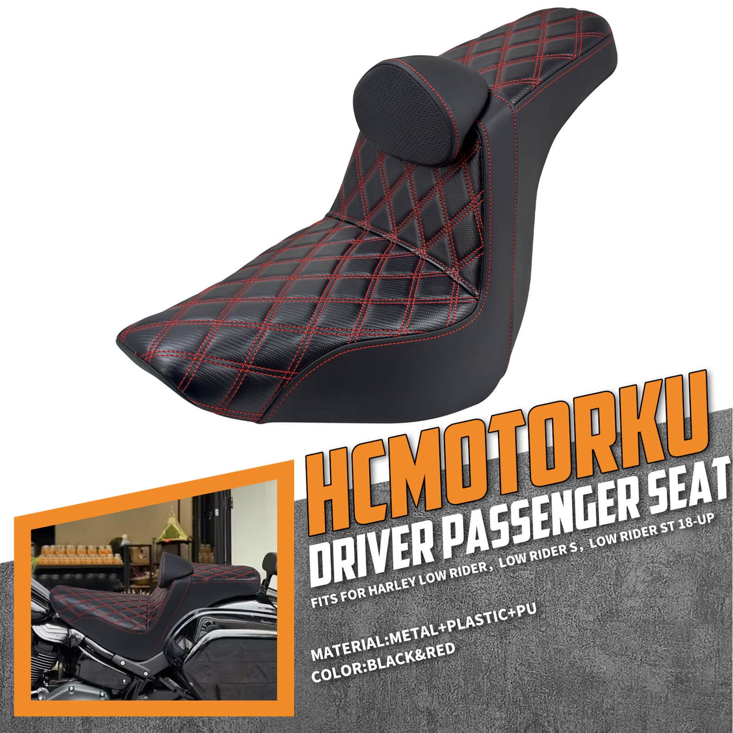 Driver Passenger Gel Seat Red Line w/ Backrest For Harley Low Rider 2018-2024 | HCmotorku