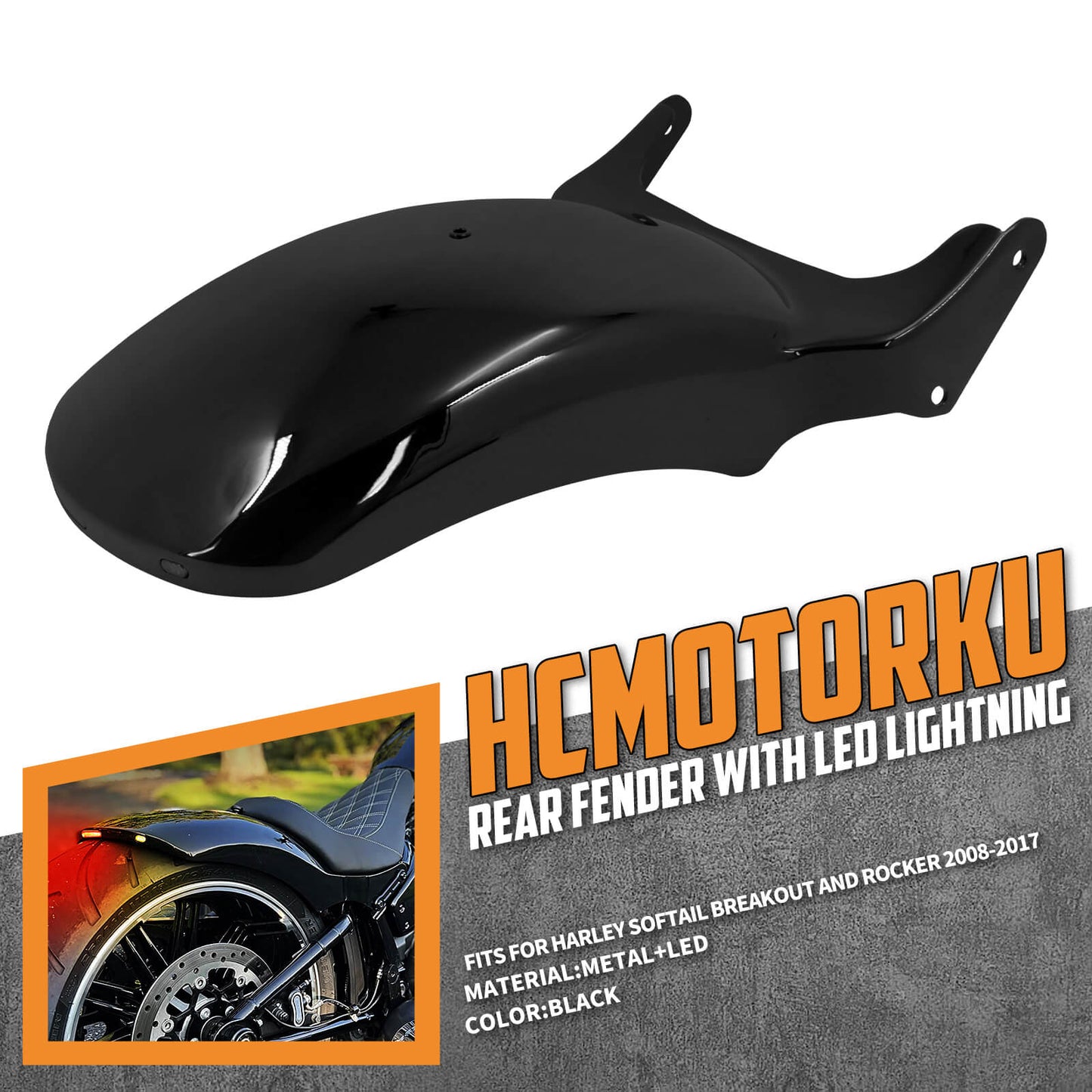 Rear Short Fender W/ LED Light For Harley Softail Breakout FXSB Rocker 2008-2017 | HCmotorku