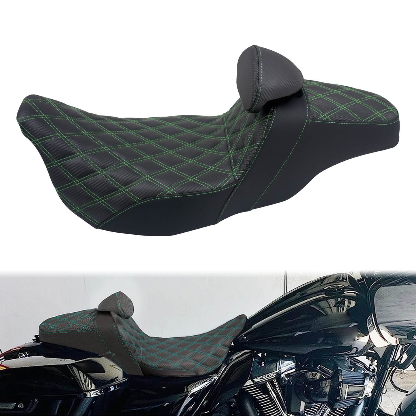 Driver Passenger Seat Cushion Pad Seat Pillion Backrest Green Stitching For Harley Touring 2009-UP | HCmotorku