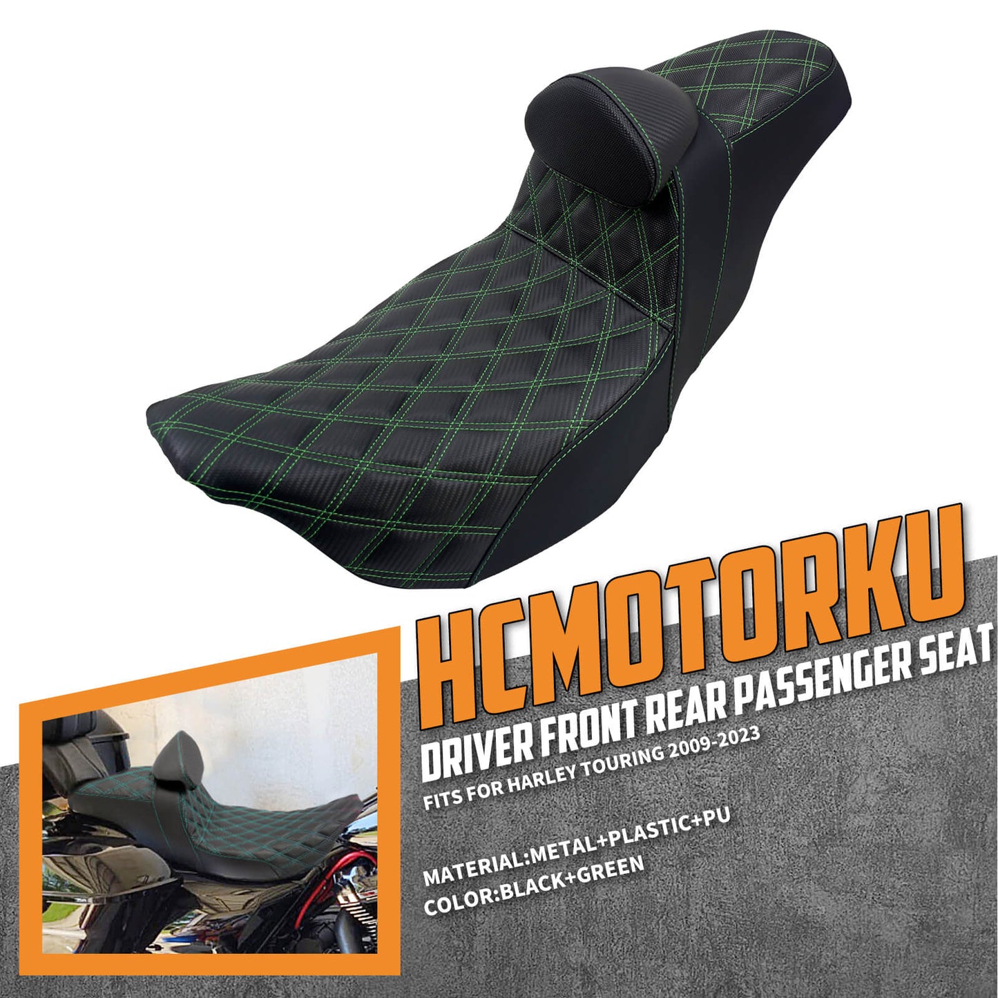 Driver Passenger Seat Cushion Pad Seat Pillion Backrest Green Stitching For Harley Touring 2009-UP | HCmotorku
