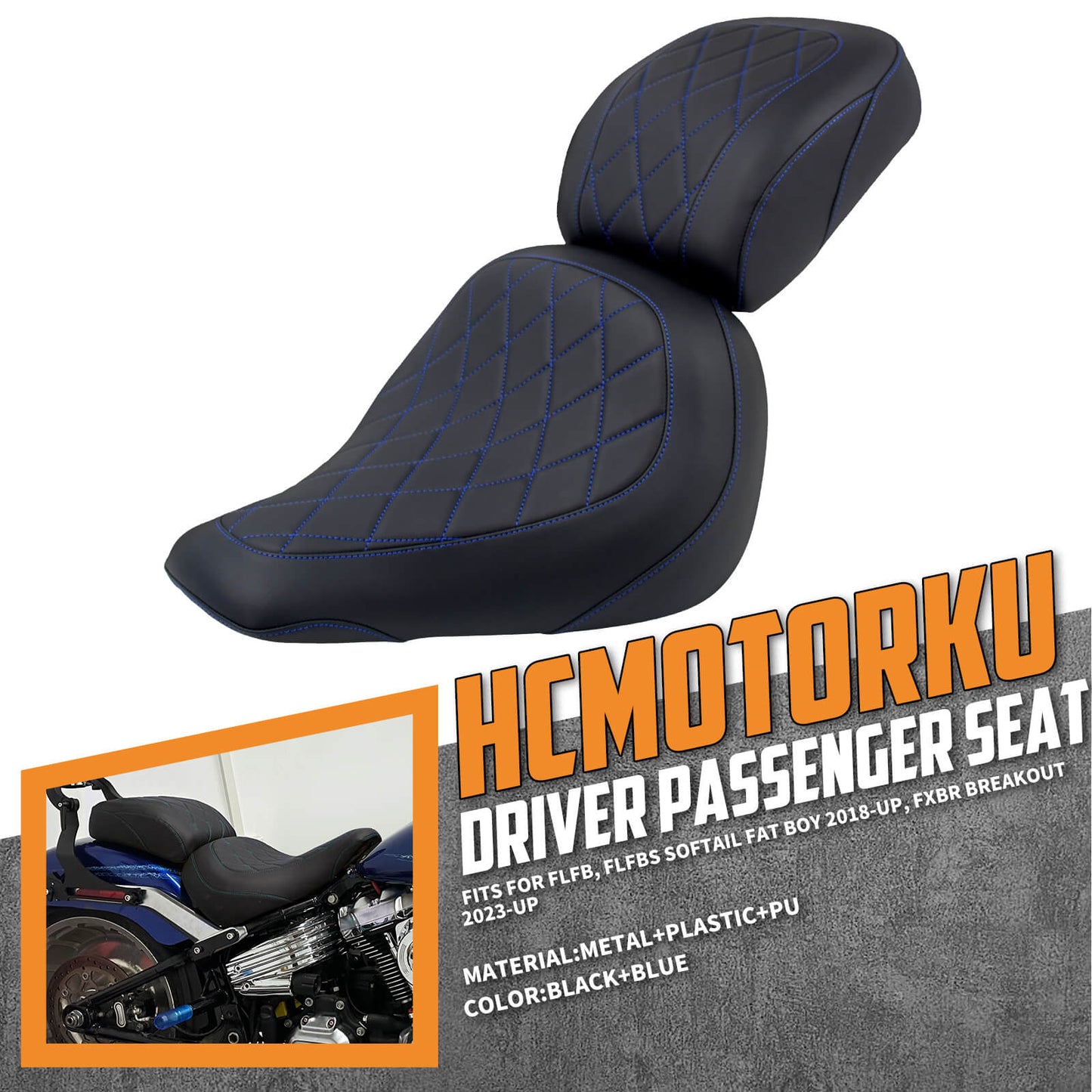 Driver & Passenger Seats For Harley Breakout 2023-2024 Fat Boy 2018-2024 Blue Diamond | HCmotorku