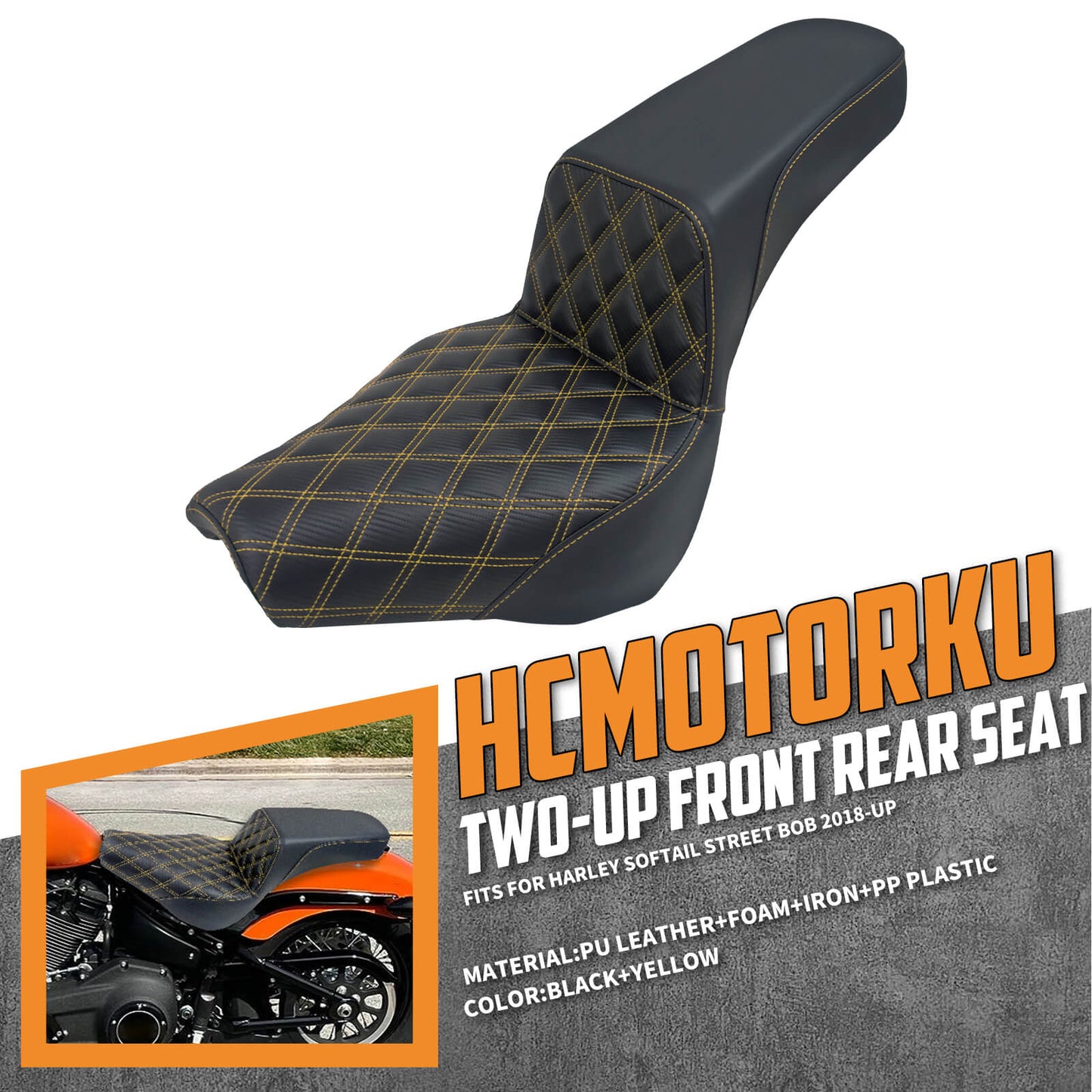 Bevel Two-Up Seat Driver Passenger Seat Yellow Stitching for Harley Softail 2018-2025 | HCmotorku