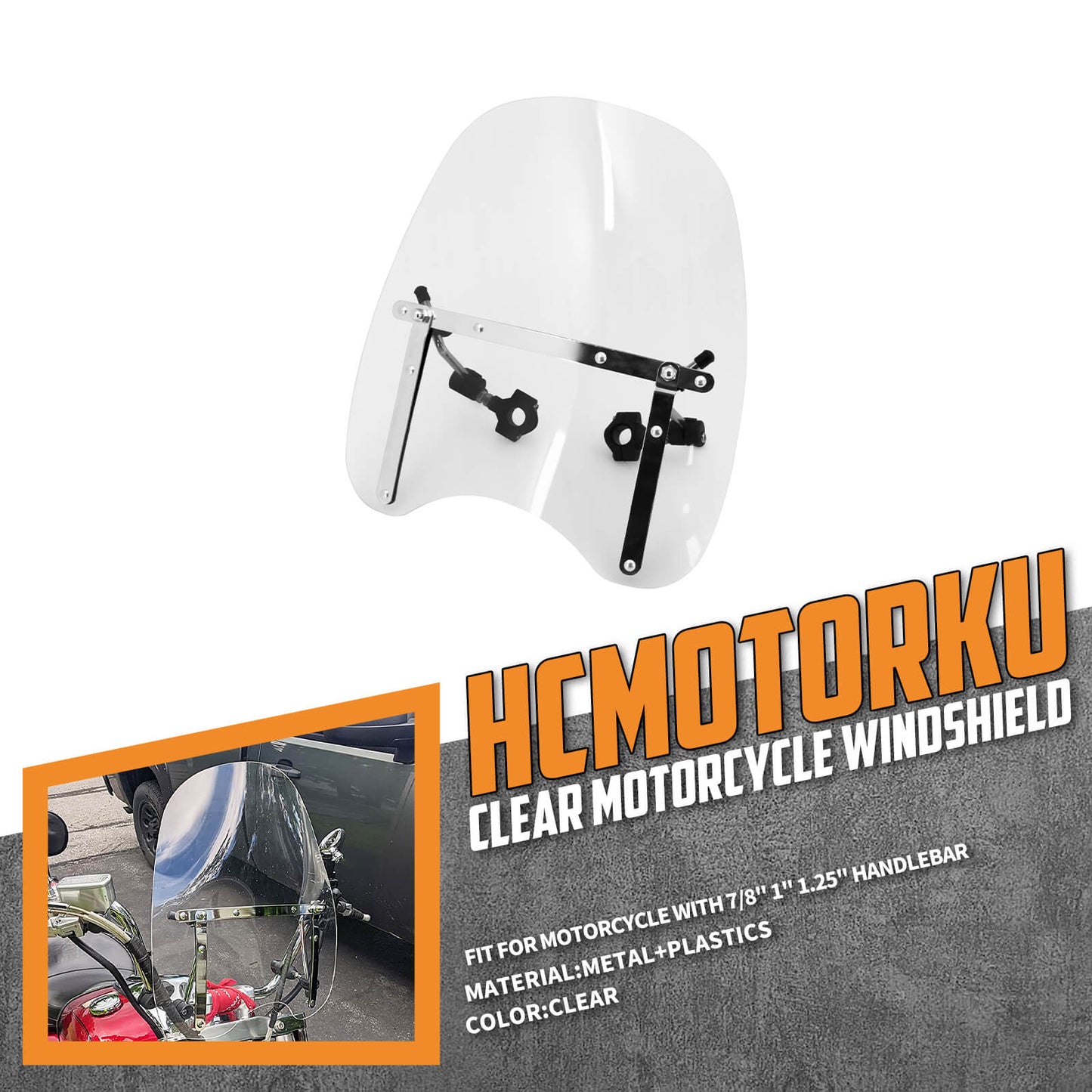 Large Universal Motorcycle Windshield 7/8 1" 1.25" Handlebars Windscreen Clear | HCmotorku