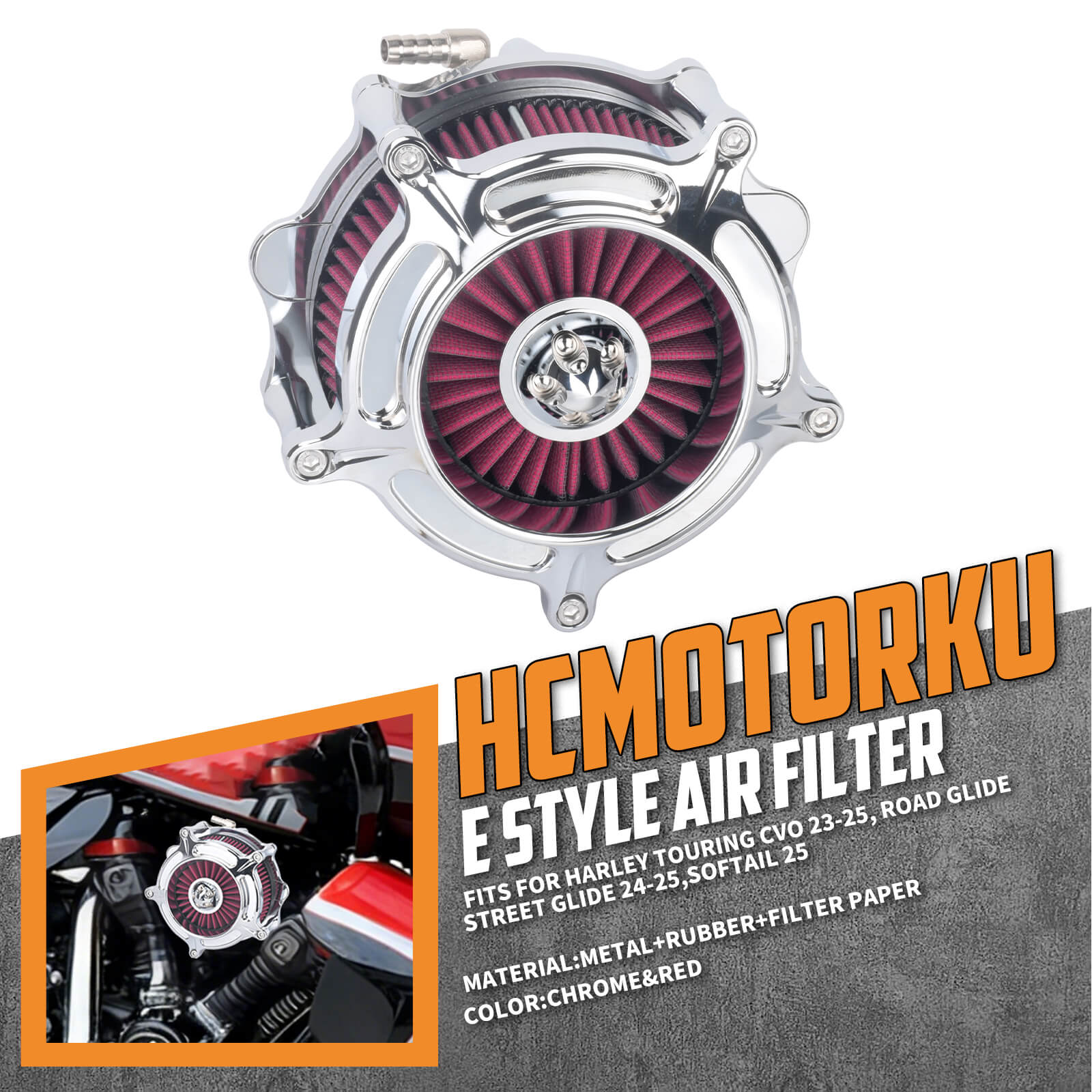 AF005509 HCMOTORKU Stripe Style CNC Air Cleaner Red Intake Kit for Harley