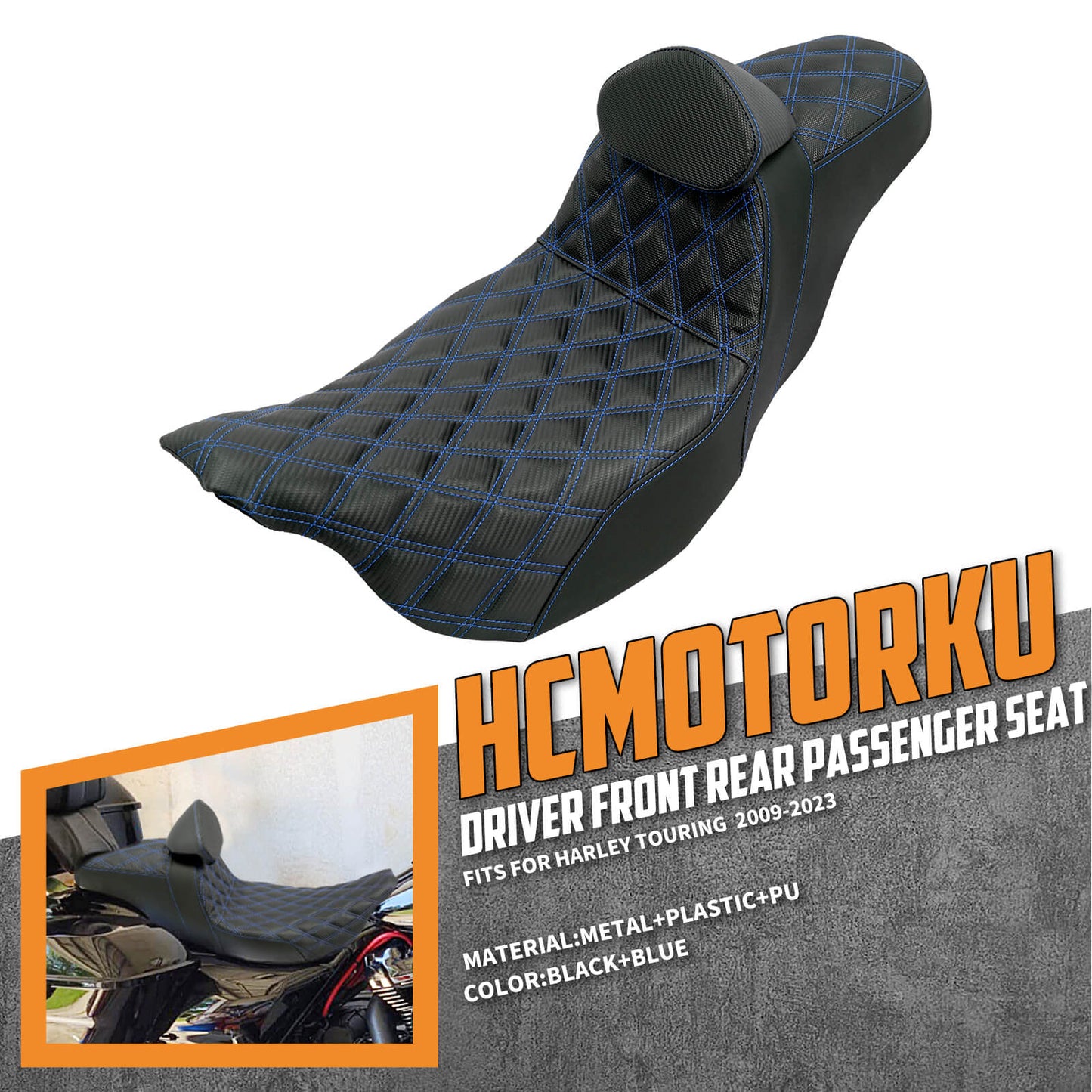 Driver & Passenger Seat Blue Stitching w/ Backrest For Harley Touring 2009-2023 | HCmotorku