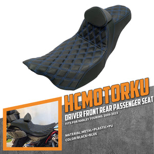 Driver & Passenger Seat w/ Backrest Blue Stitching For Harley Touring 2009-2023 | HCmotorku