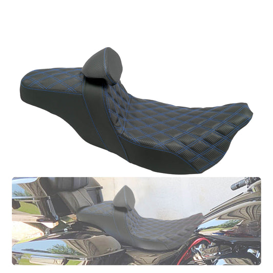 Driver & Passenger Seat Blue Stitching w/ Backrest For Harley Touring 2009-2023 | HCmotorku