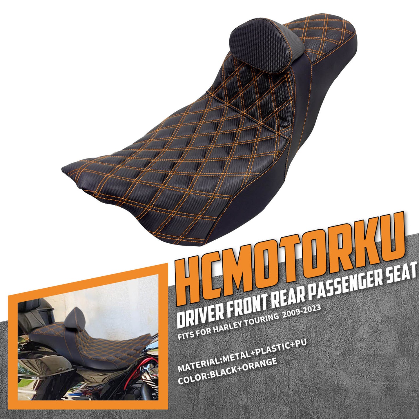 Rider Passenger Seat Orange Stitching w/ Backrest For Harley Touring Street Road Glide 2009-2023 | HCmotorku