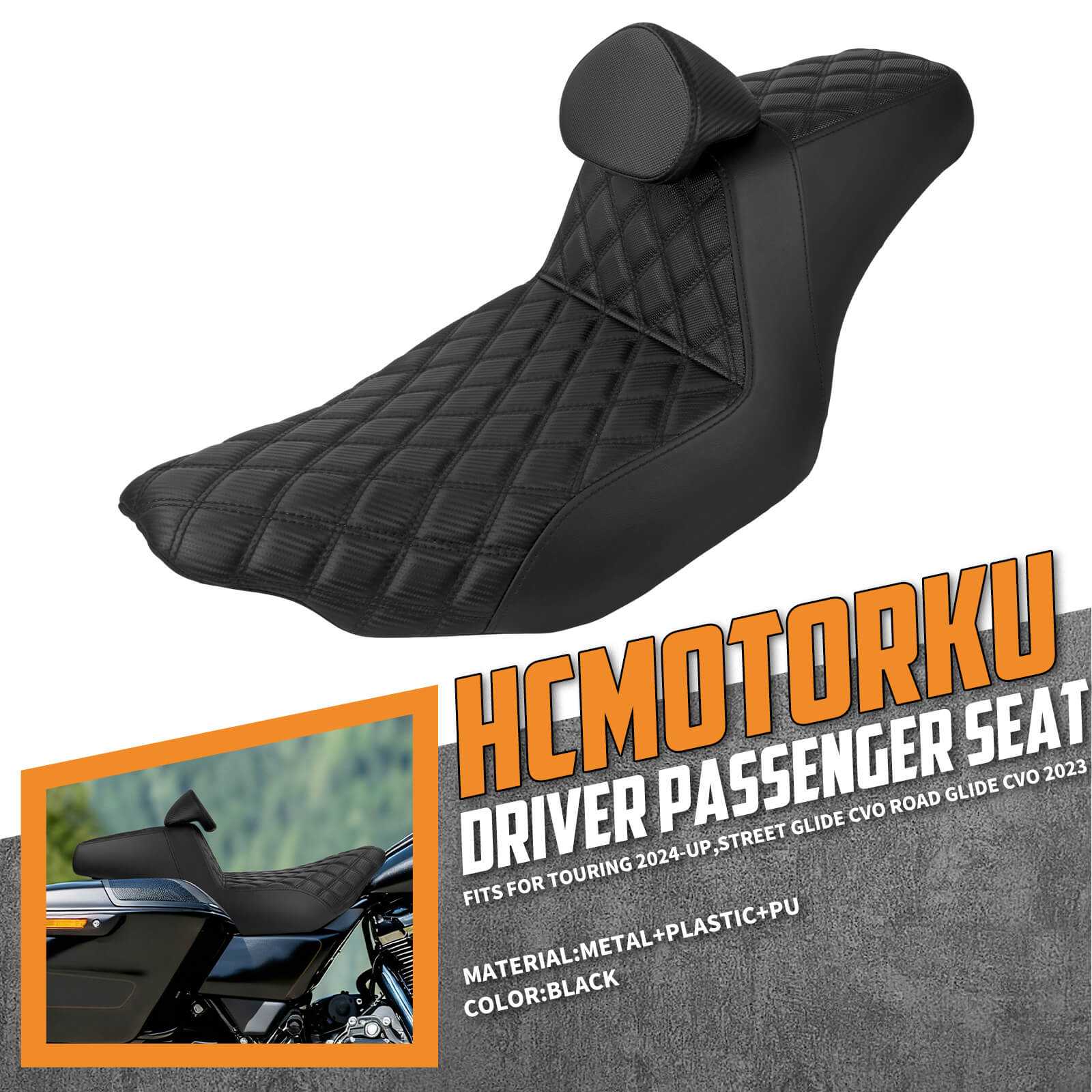 CB016607 HCmotorku Rider Passenger Seat 2-up Seat with Backrest Black Stitching for Harley Touring