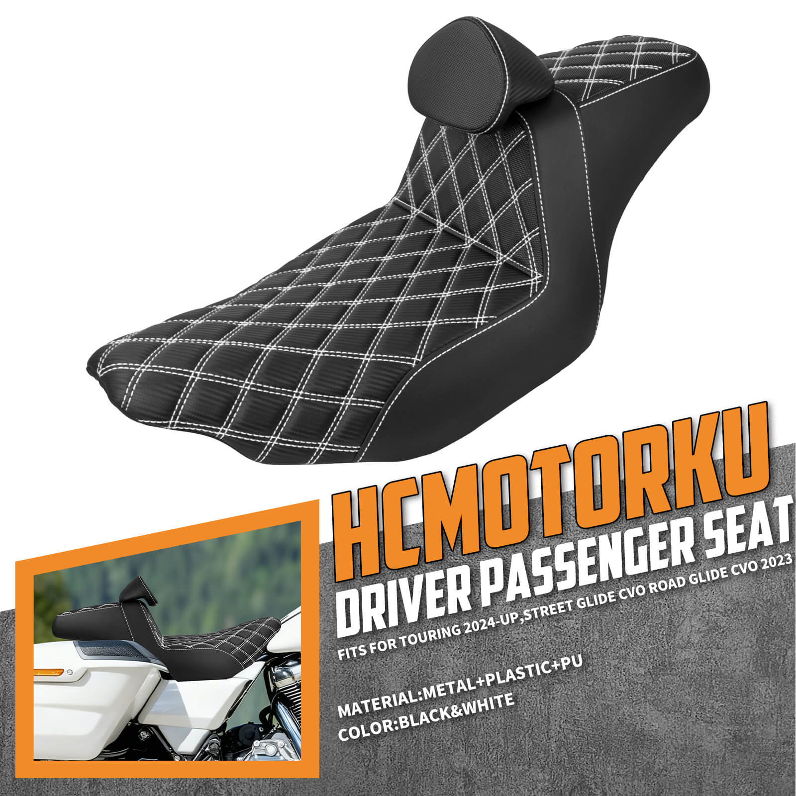 CB016608 HCmotorku Rider Passenger Seat 2-up Seat with Backrest White Stitching for Harley Touring
