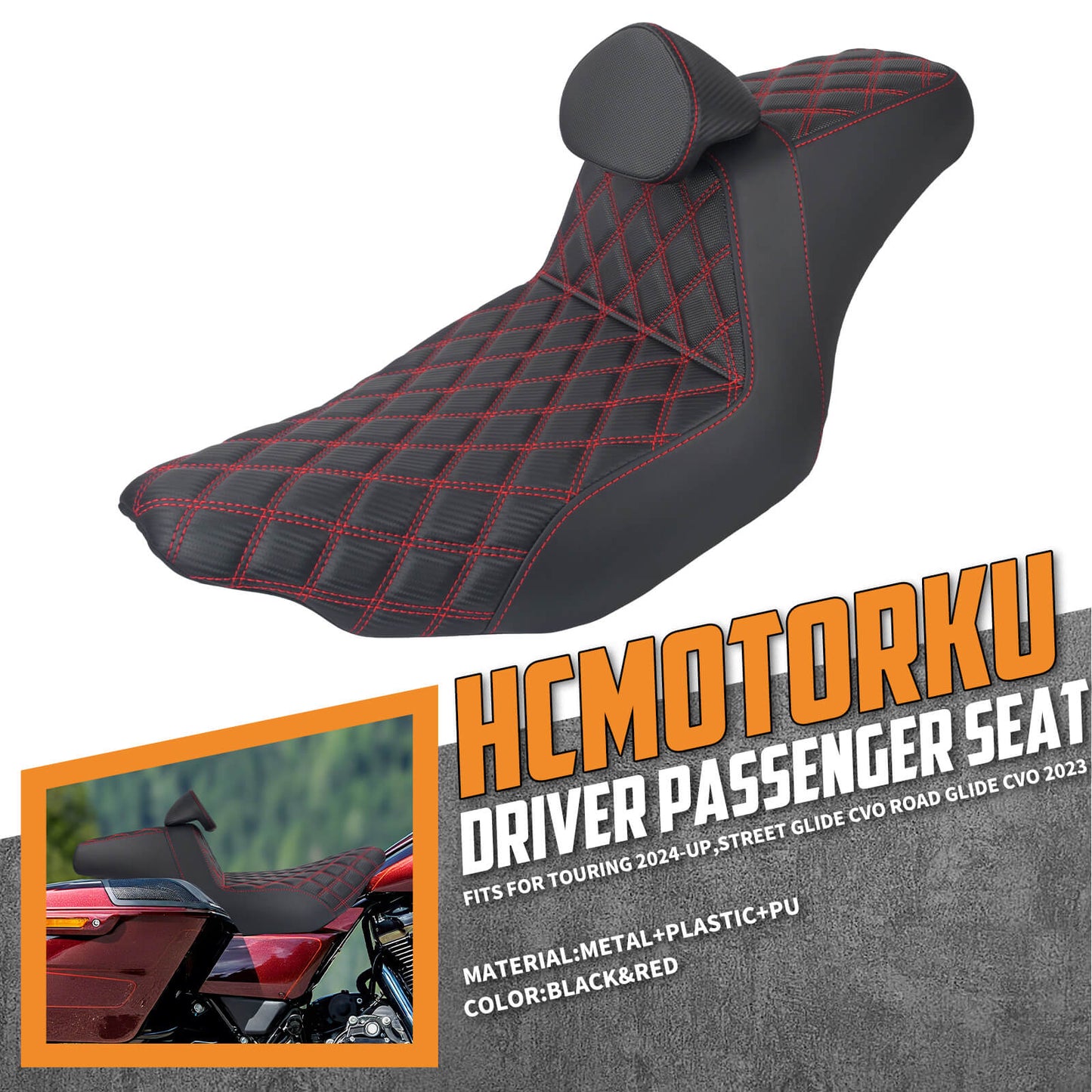 CB016609 HCmotorku Rider Passenger Seat 2-up Seat with Backrest Red Stitching for Harley Touring