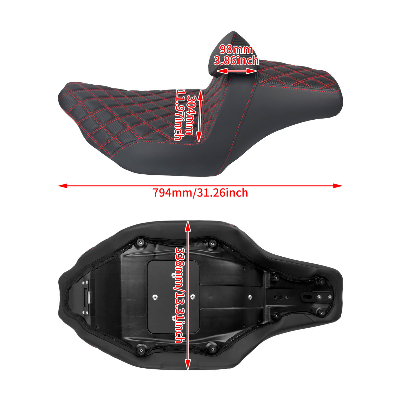 CB016609 HCmotorku Rider Passenger Seat 2-up Seat with Backrest Red Stitching for Harley Touring Size