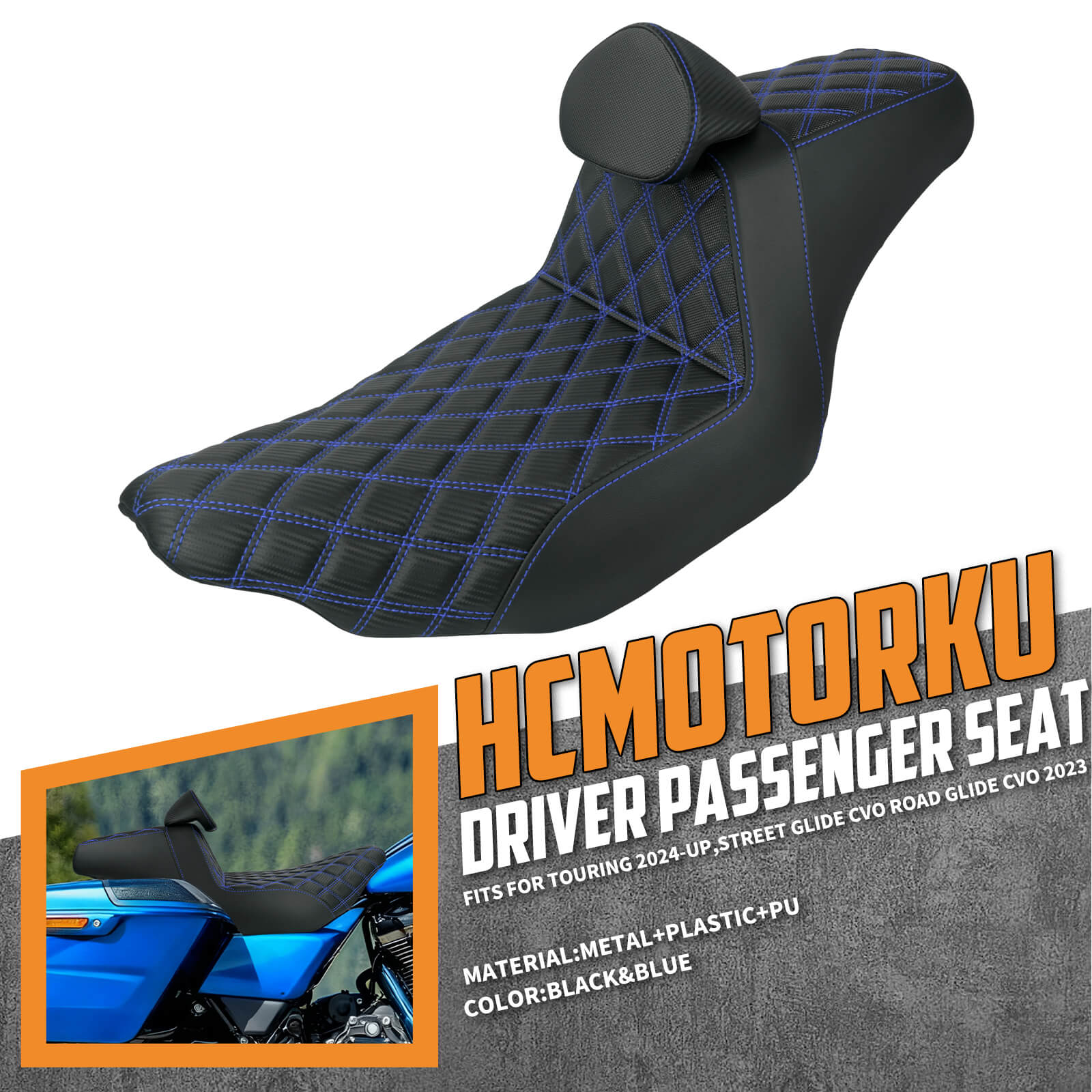 CB016610 HCmotorku Rider Passenger Seat 2-up Seat with Backrest Blue Stitching for Harley Touring