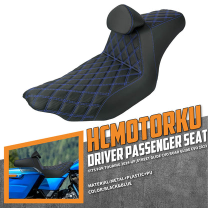 CB016610 HCmotorku Rider Passenger Seat 2-up Seat with Backrest Blue Stitching for Harley Touring