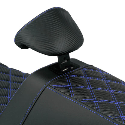 CB016610 HCmotorku Rider Passenger Seat 2-up Seat with Backrest Blue Stitching for Harley Touring Detail