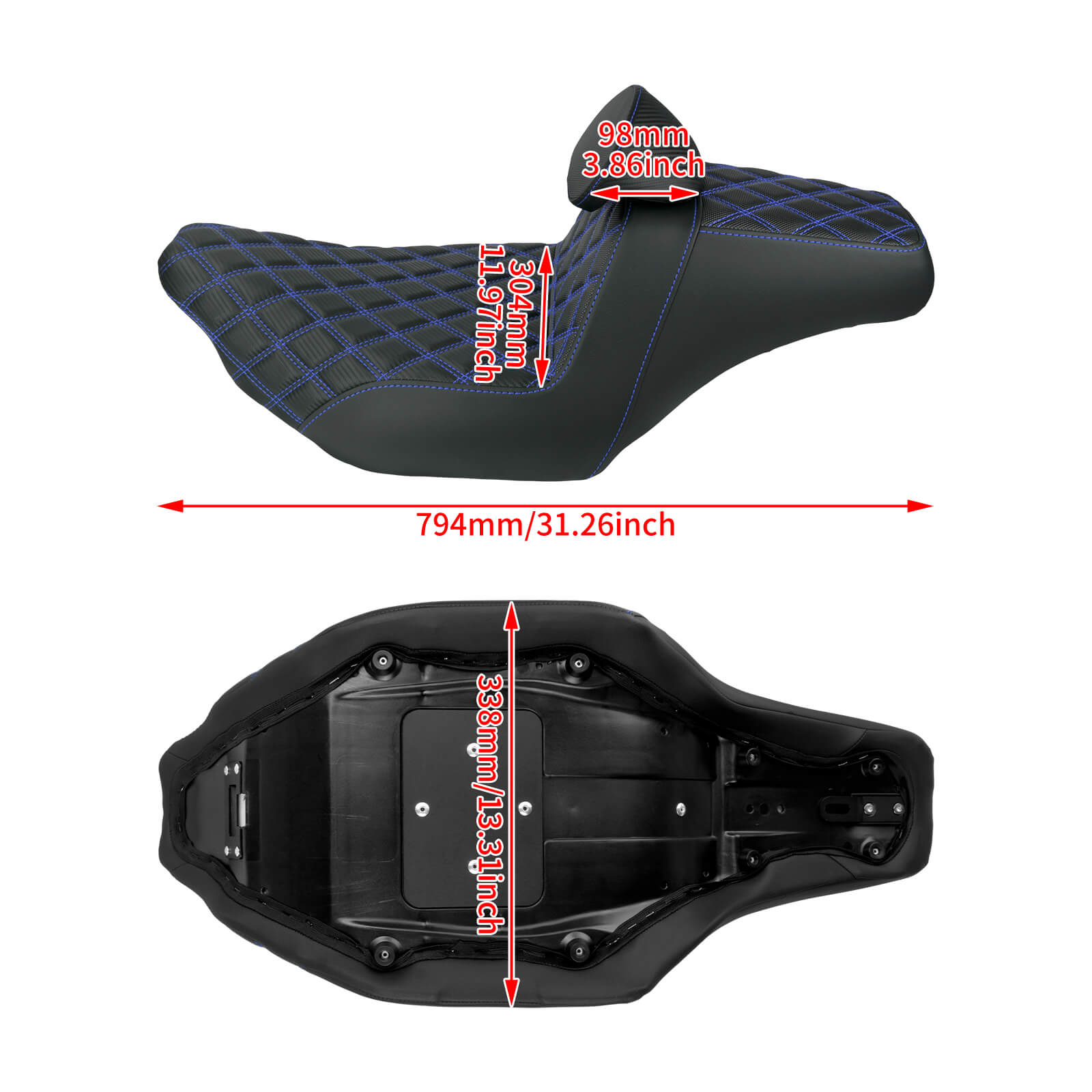 CB016610 HCmotorku Rider Passenger Seat 2-up Seat with Backrest Blue Stitching for Harley Touring Size