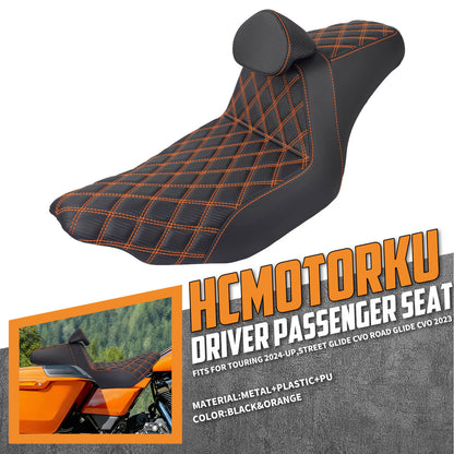 CB016611 HCmotorku Rider Passenger Seat 2-up Seat with Backrest Orange Stitching for Harley Touring