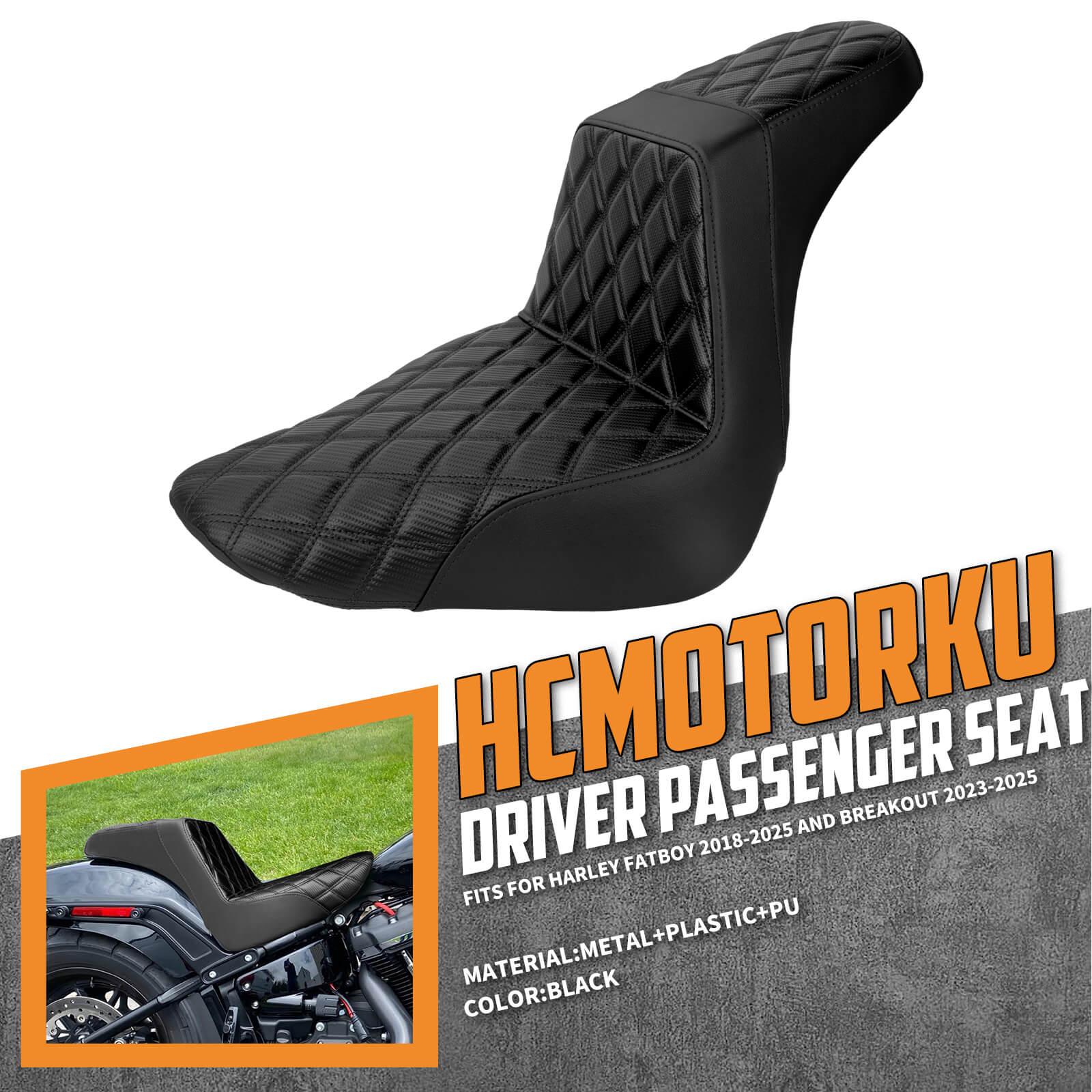 CB016901_HCmotorku_Front&Rear One-Piece Seat Two-up Seat-Black Stitching for Harley Fat Boy FLSTF ‘18-’25 Breakout FXBRS ‘23-’25