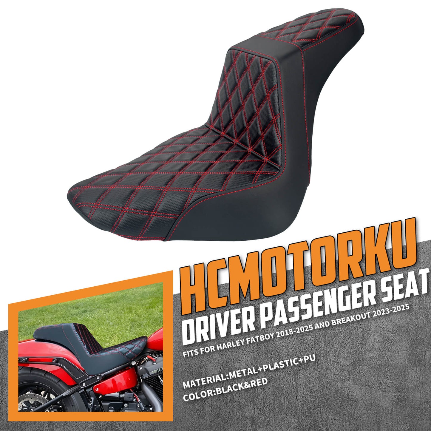 CB016903_HCmotorku_Front&Rear One-Piece Seat Two-up Seat-Red Stitching for Harley Fat Boy FLSTF ‘18-’25 Breakout FXBRS ‘23-’25
