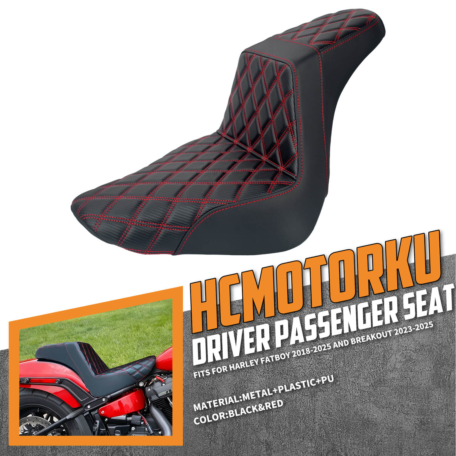 CB016903_HCmotorku_Front&Rear One-Piece Seat Two-up Seat-Red Stitching for Harley Fat Boy FLSTF ‘18-’25 Breakout FXBRS ‘23-’25