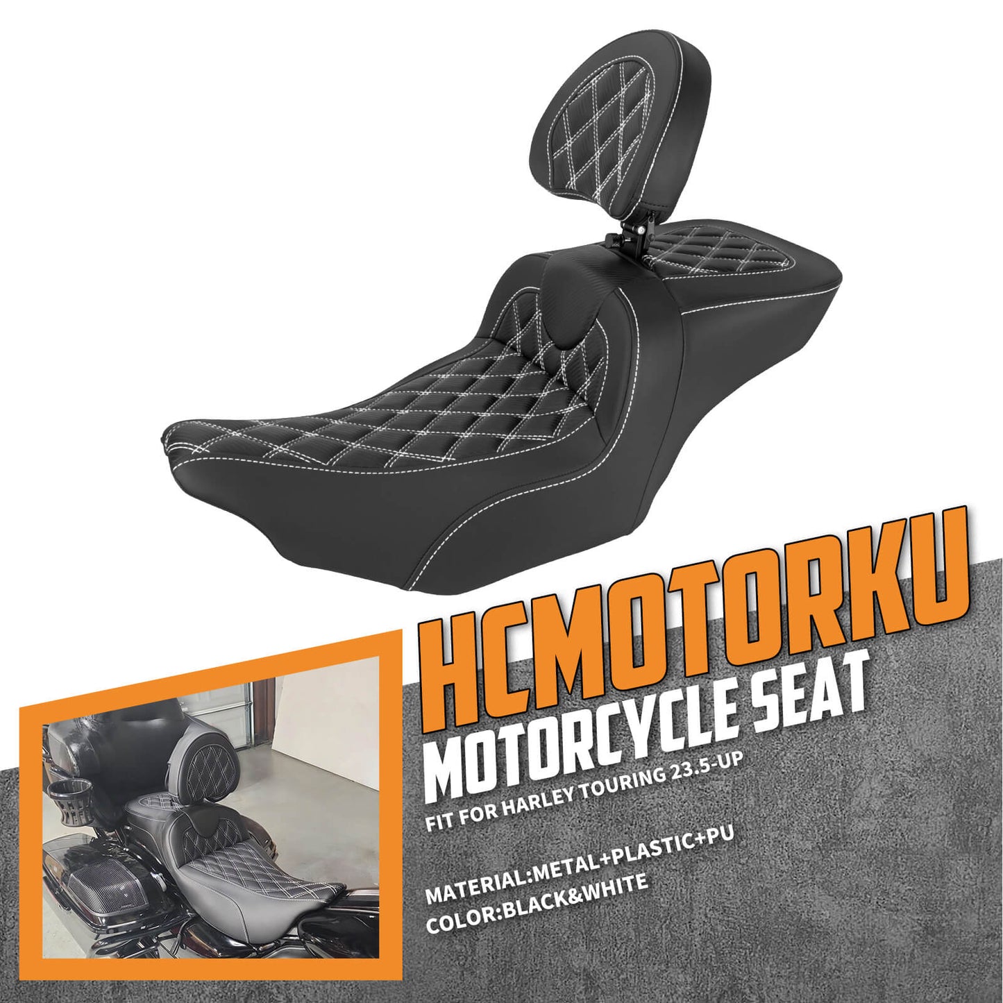 CB017102_HCmotorku_Front&Rear Two-up Seat W/Backrest White Stitching for Harley Touring ‘23.5-Up