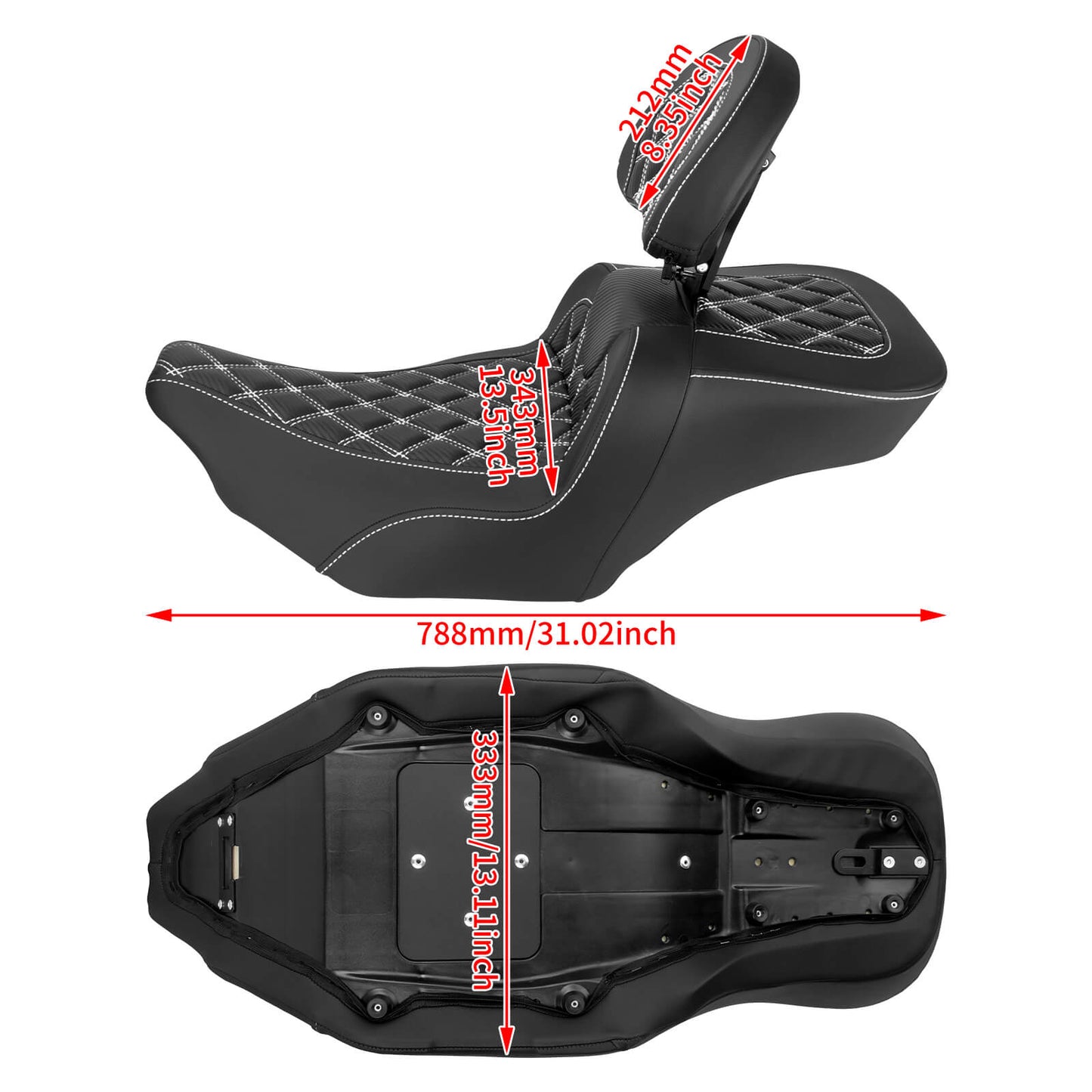 CB017102_HCmotorku_Front&Rear Two-up Seat W/Backrest White Stitching for Harley Touring ‘23.5-Up