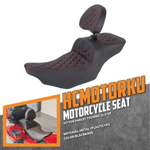 CB017103_HCmotorku_Front&Rear Two-up Seat W/Backrest Red Stitching for Harley Touring ‘23.5-Up 