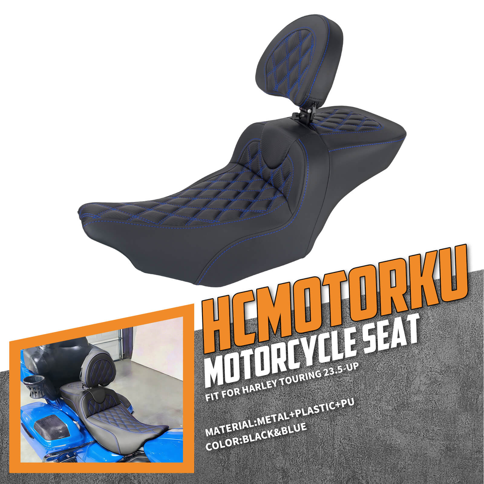 CB017104_HCmotorku_Front&Rear Two-up Seat W/Backrest Blue Stitching for Harley Touring ‘23.5-Up