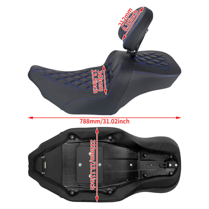 CB017104_HCmotorku_Front&Rear Two-up Seat W/Backrest Blue Stitching for Harley Touring ‘23.5-Up Size
