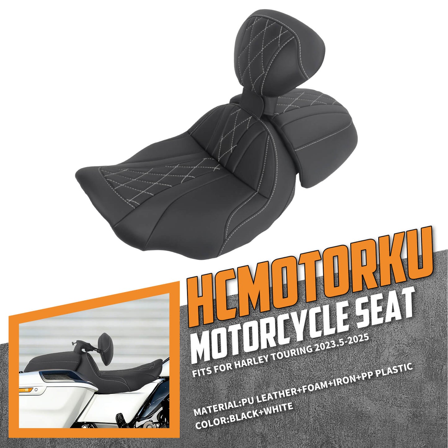 CB017402_HCmotorku_Two-up Seat W/Backrest White Stitching for Harley Touring Street Road Glide ‘23.5-Up