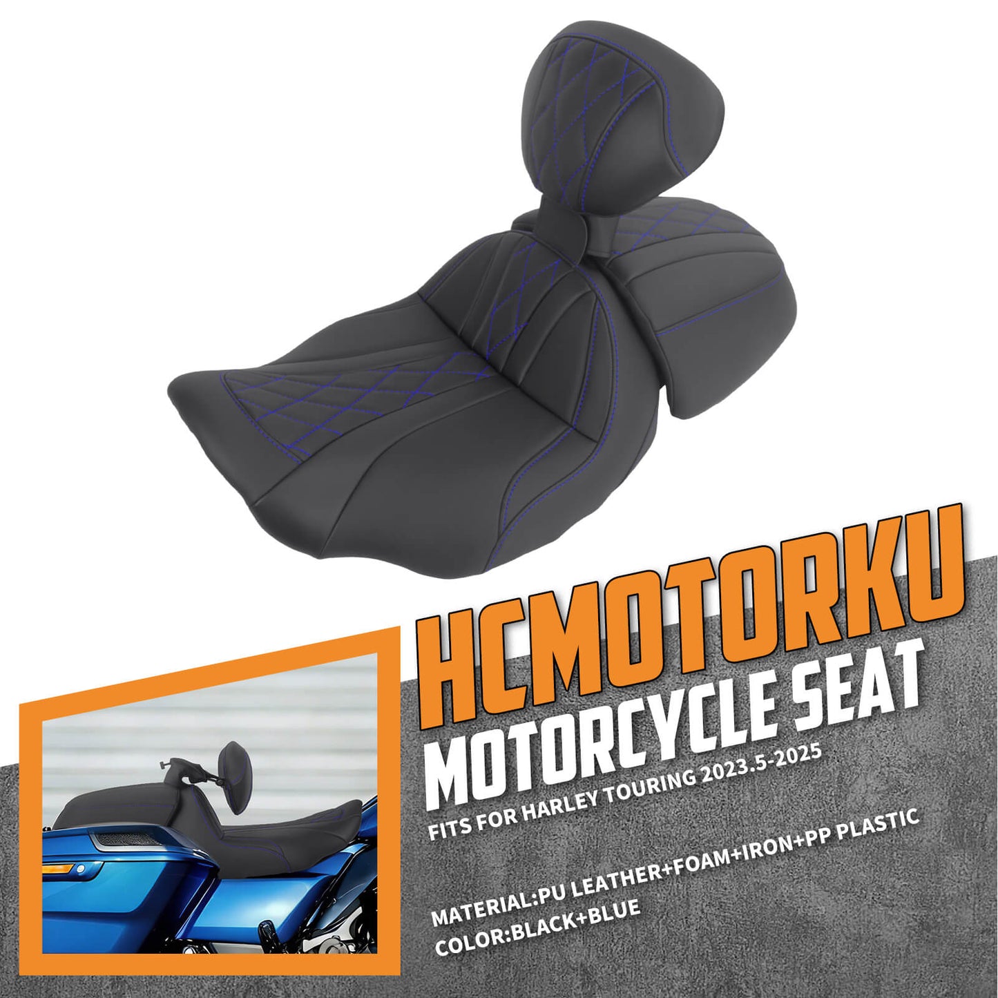 CB017404_HCmotorku_Two-up Seat W/Backrest Blue Stitching for Harley Touring Street Road Glide ‘23.5-Up