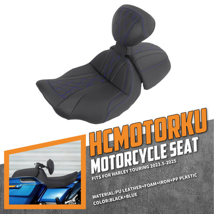 CB017404_HCmotorku_Two-up Seat W/Backrest Blue Stitching for Harley Touring Street Road Glide ‘23.5-Up