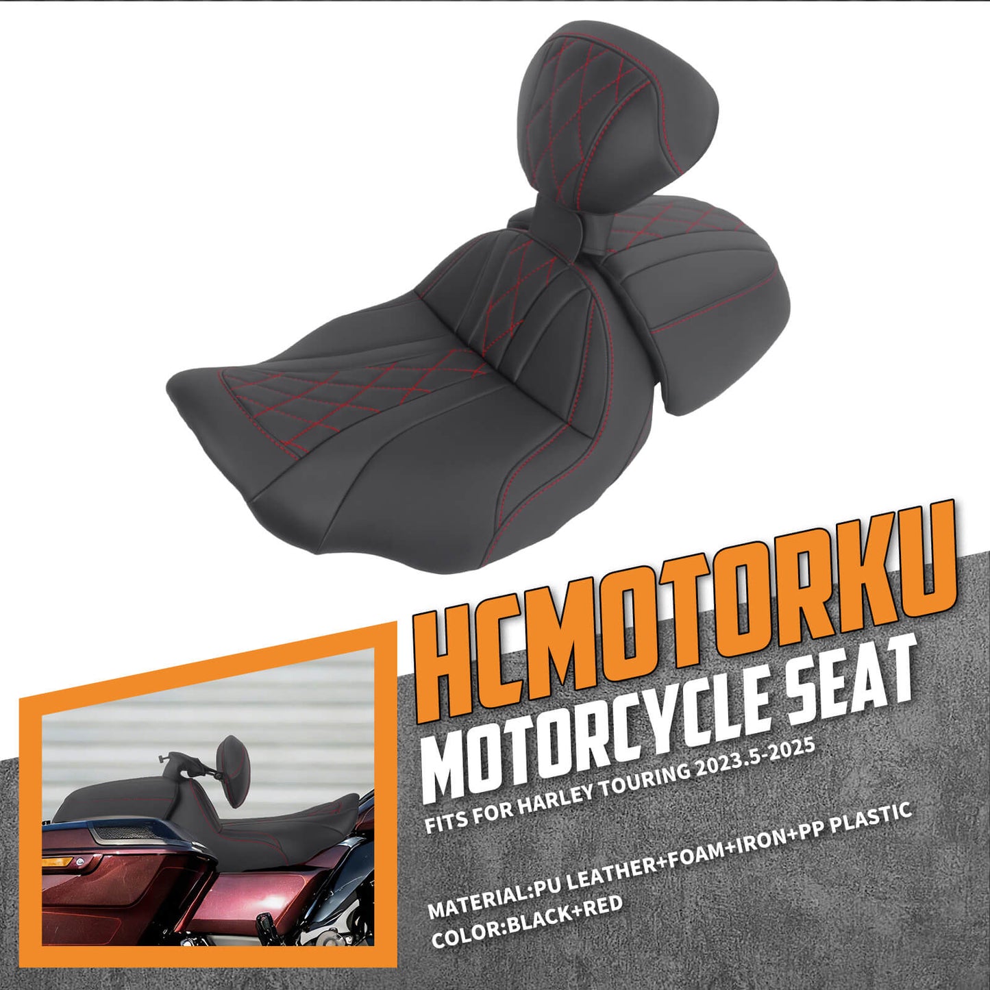 CB017403_HCmotorku_Two-up Seat W/Backrest Red Stitching for Harley Touring Street Road Glide ‘23.5-Up