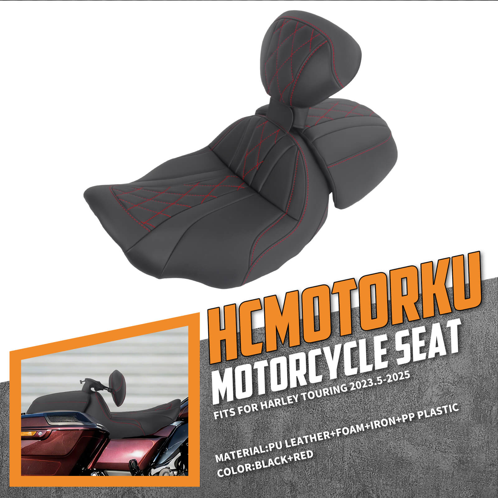 CB017403_HCmotorku_Two-up Seat W/Backrest Red Stitching for Harley Touring Street Road Glide ‘23.5-Up