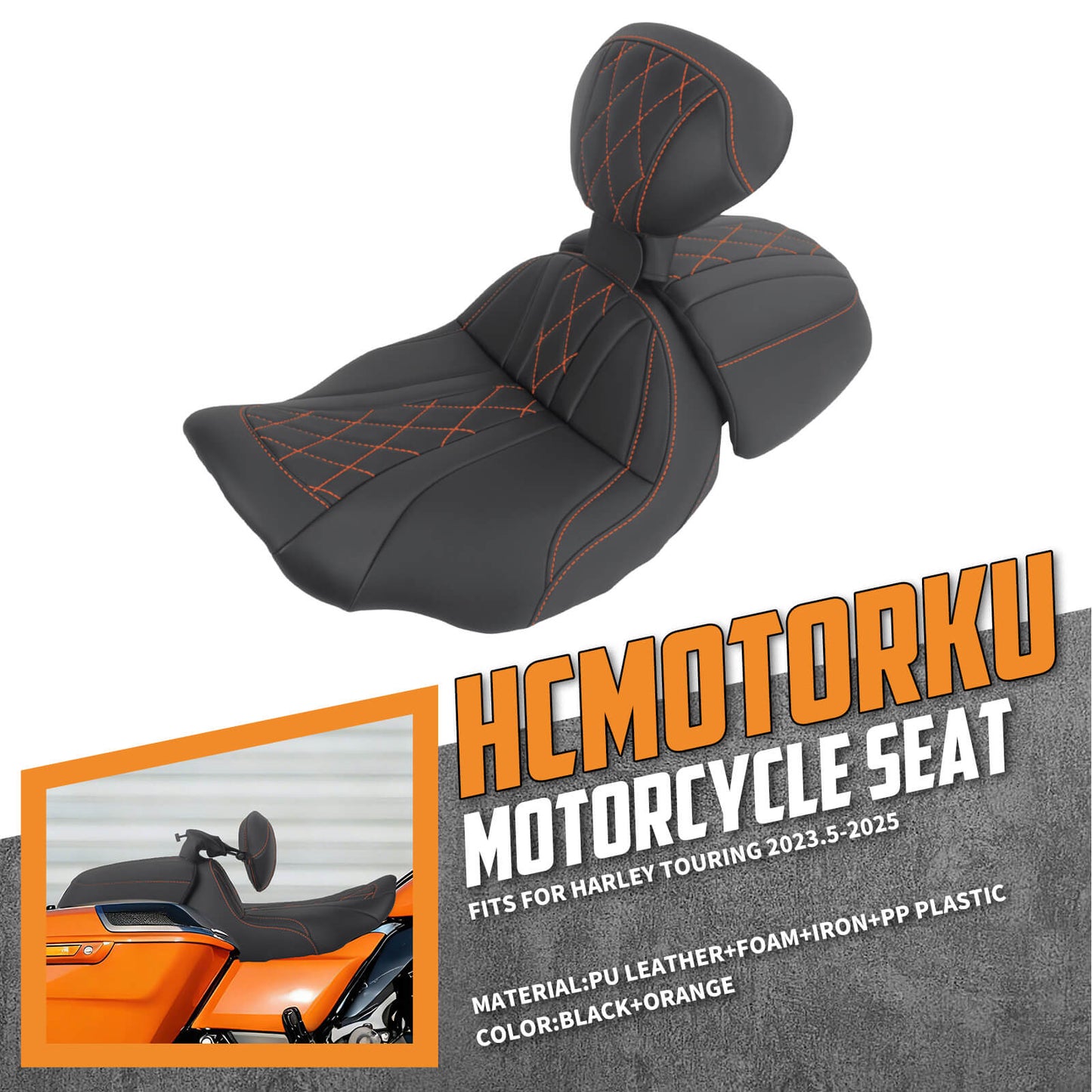 CB017405_HCmotorku_Two-up Seat W/Backrest Orange Stitching for Harley Touring Street Road Glide ‘23.5-Up