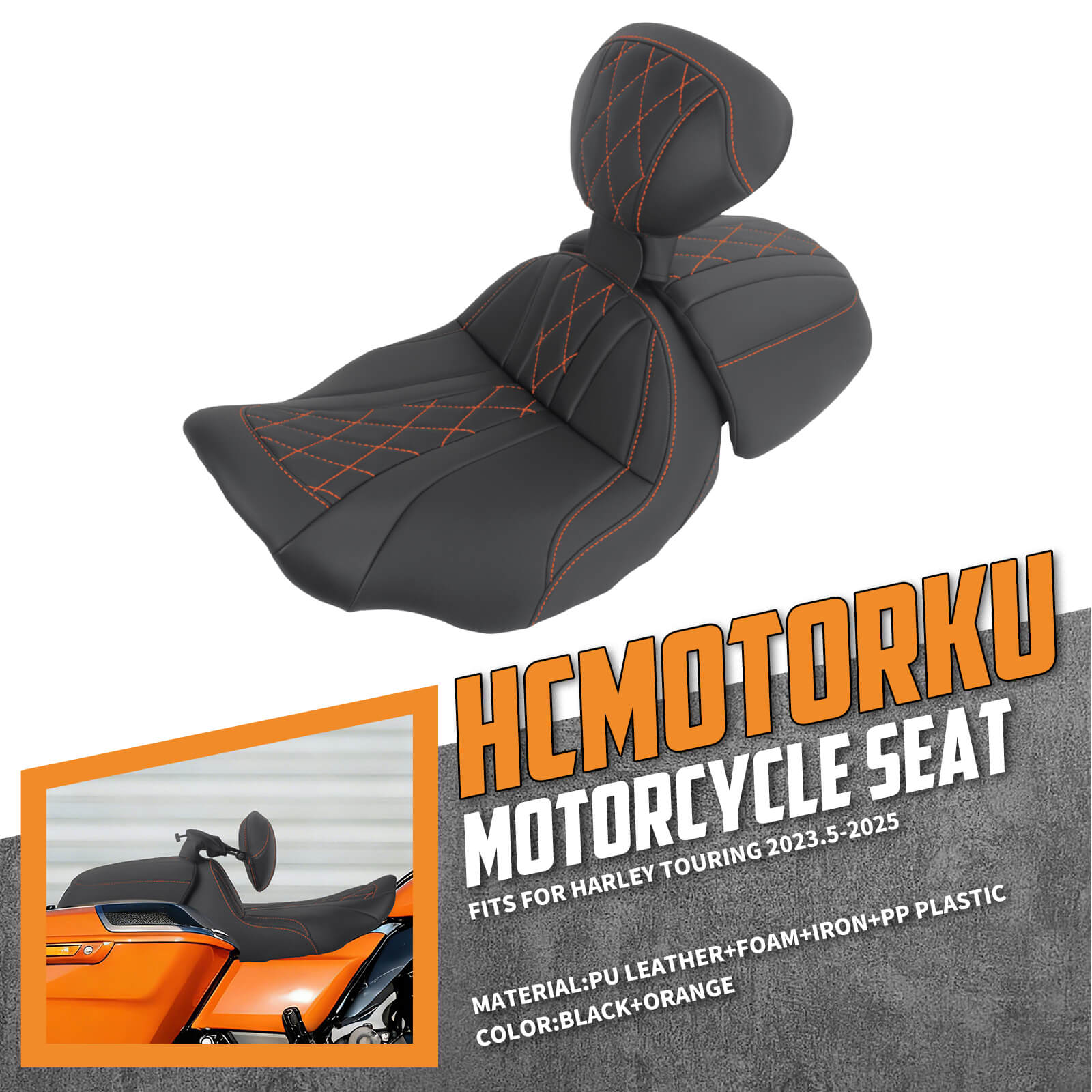 CB017405_HCmotorku_Two-up Seat W/Backrest Orange Stitching for Harley Touring Street Road Glide ‘23.5-Up