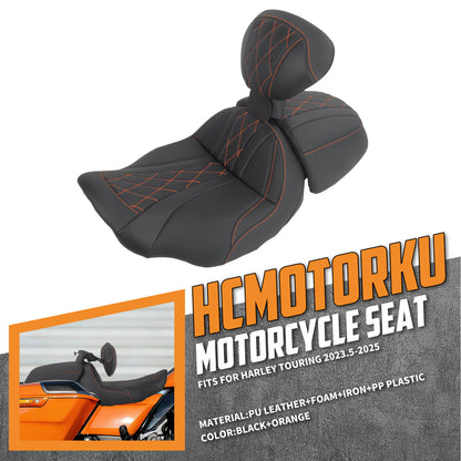 CB017405_HCmotorku_Two-up Seat W/Backrest Orange Stitching for Harley Touring Street Road Glide ‘23.5-Up